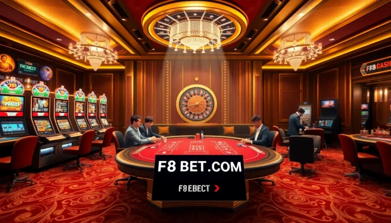 F8BET COM table with intense poker action in a luxurious casino setting.