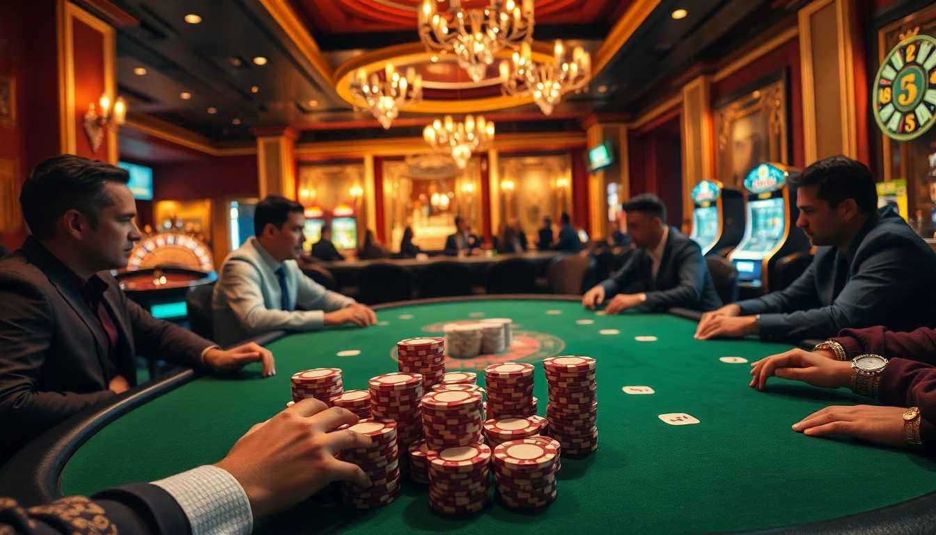 GO8 poker chips stacked high during a thrilling casino night, symbolizing high stakes and exciting gameplay in a luxurious setting.