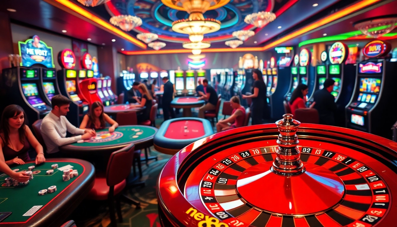 new888 casino image showcasing a high-stakes poker table with vibrant chips, bright slot machines, and a roulette wheel.
