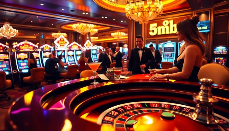 Experience the thrill of gambling at a luxurious casino, featuring vibrant 5MB roulette tables and excited players.