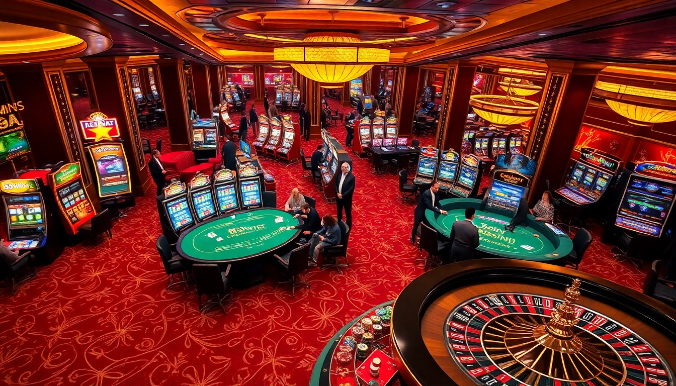 Experience high-stakes fun at 58win com with lively casino scenes filled with poker tables and slot machines.