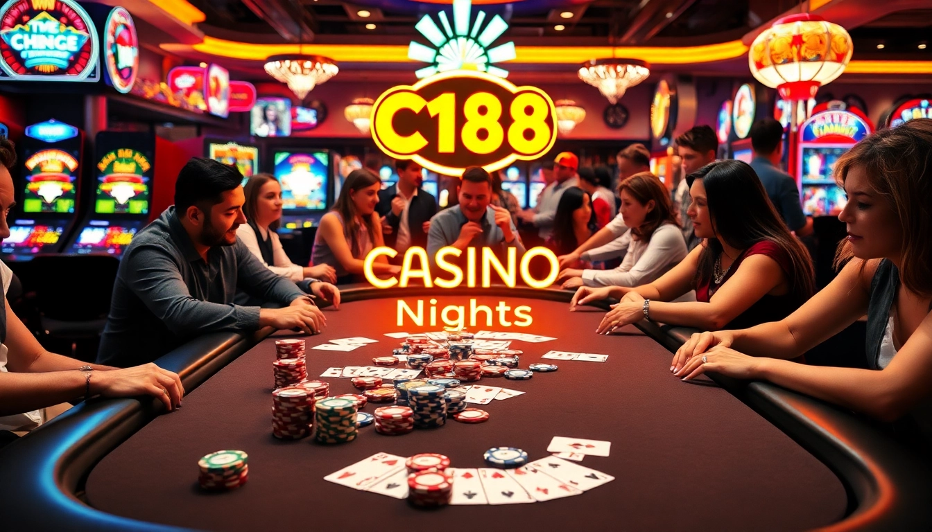 C168 Casino Nights showcasing vibrant poker action with chips and cards amidst a lively atmosphere.