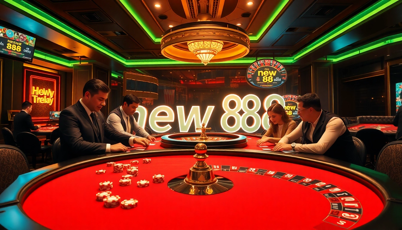 The exciting new 88 casino features players enjoying a poker game at a high-stakes table with vibrant chips and an intense atmosphere.