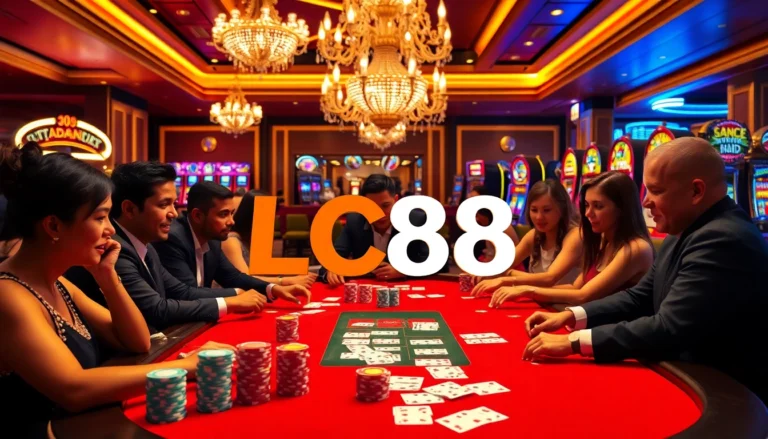 LC88 logo featured at a lively casino poker table with players, chips, and cards.